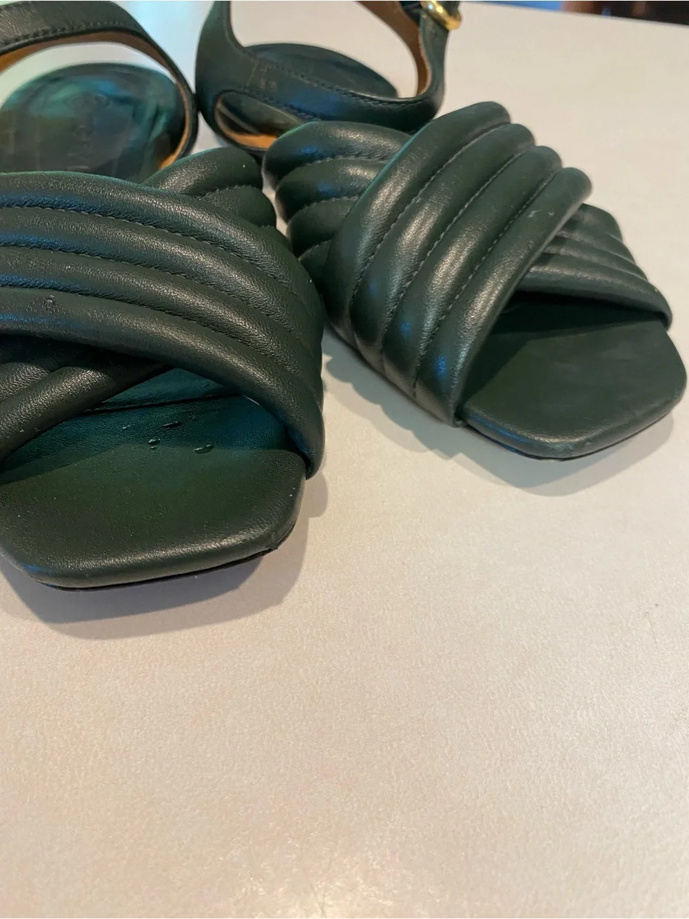 TORY BURCH KIRA QUILTED ANKLE STRAP SANDAL RICH DARK GREEN GOLD HARDWARE SZ 7